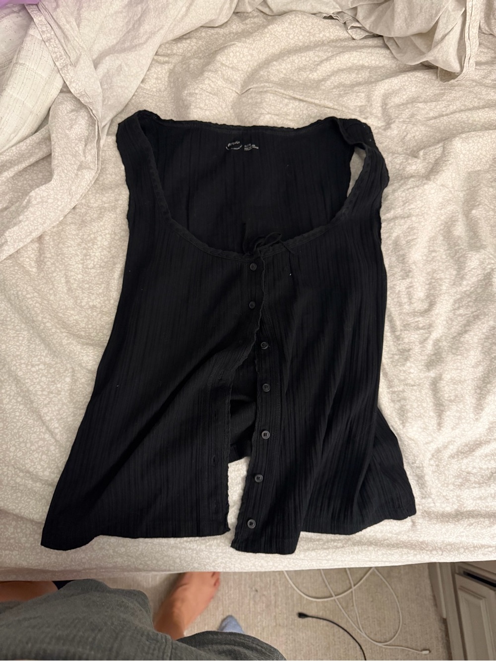 aerie Black Ribbed Button-Front Tank